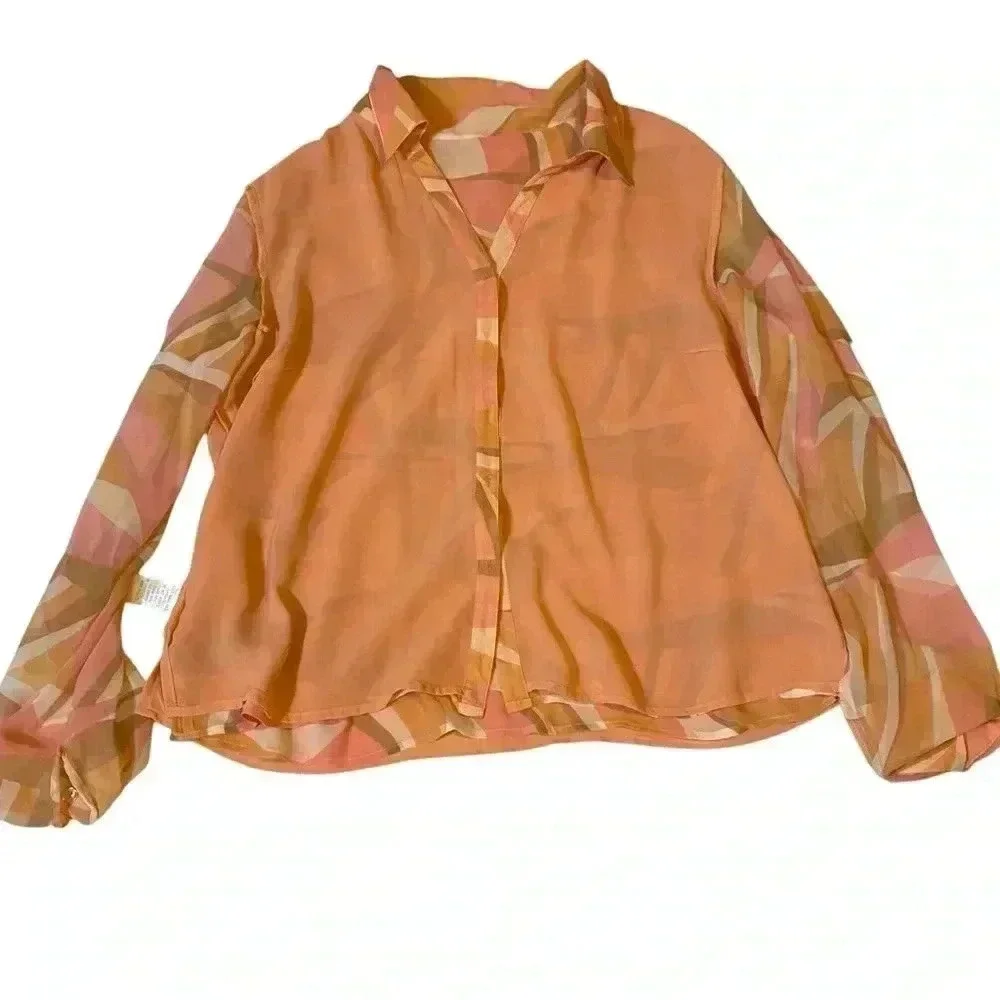 Worthington Women's Dress Shirt Button Down V-neck Multicolor Geometric Print XL
